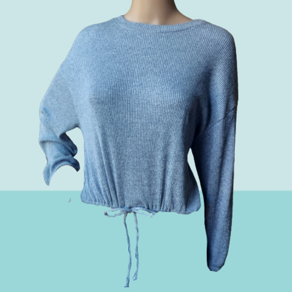 Gilly Hicks Cropped Ribbed Solid Crew Neck Drawstring Pull Over Sweater - Picture 9 of 10